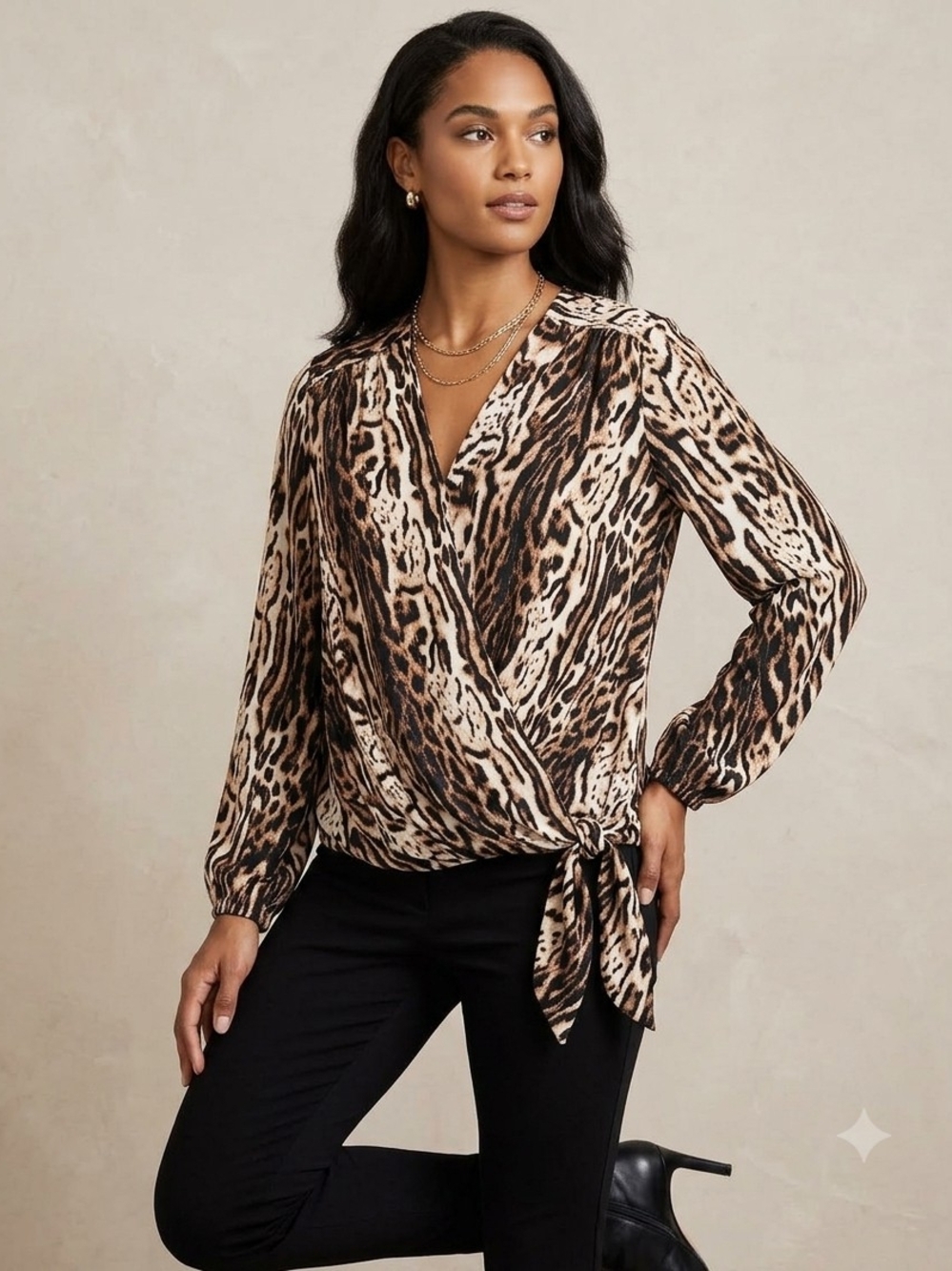 INC International Concepts Leopard-Print Wrap Blouse in Tan and Brown
